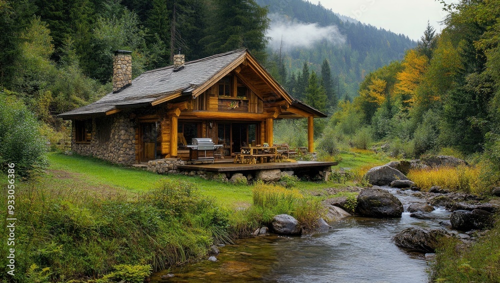 A wooden cabin near a river in a forest. A wooden cabin near a river in a forest.