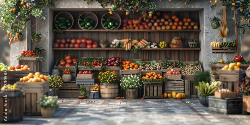 A vibrant marketplace filled with fresh fruits and vegetables, showcasing colorful produce in wooden crates and baskets. A vibrant marketplace filled with fresh fruits and vegetables, showcasing colorful produce in wooden crates and baskets.