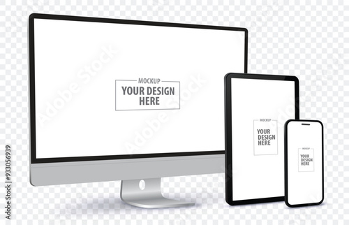 Desktop Computer, Tablet PC and Mobile Phone Screen Perspective View Mockup. Digital devices template vector illustration with transparent background.