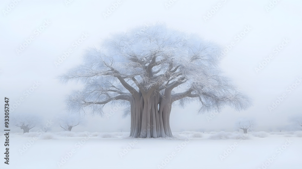 Fototapeta premium Desert Transformed: Ancient Tree in a Snow-Covered Winter Wonderland
