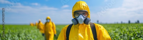 Agricultural Workers in Protective Gear in Pesticide-Treated Field