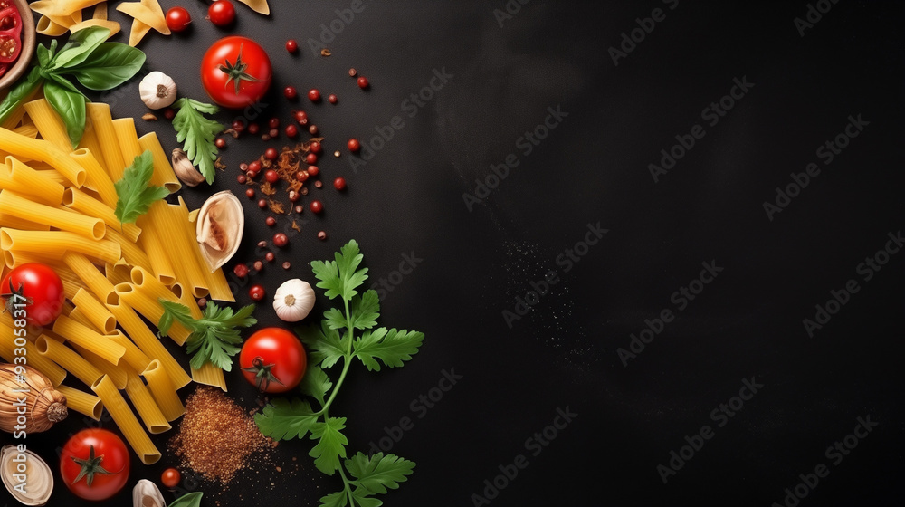 Composition with pasta and cooking ingredients on black background, top view	
