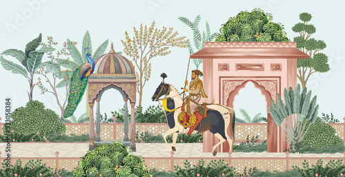 Wallpaper Mural Traditional Mughal emperor riding a horse in a garden with peacock and tree illustration Torontodigital.ca