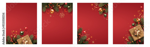 Set of vertical banners with gold and green Christmas symbols and text. Christmas tree, balls, golden tinsel confetti and snowflakes on a red background.
