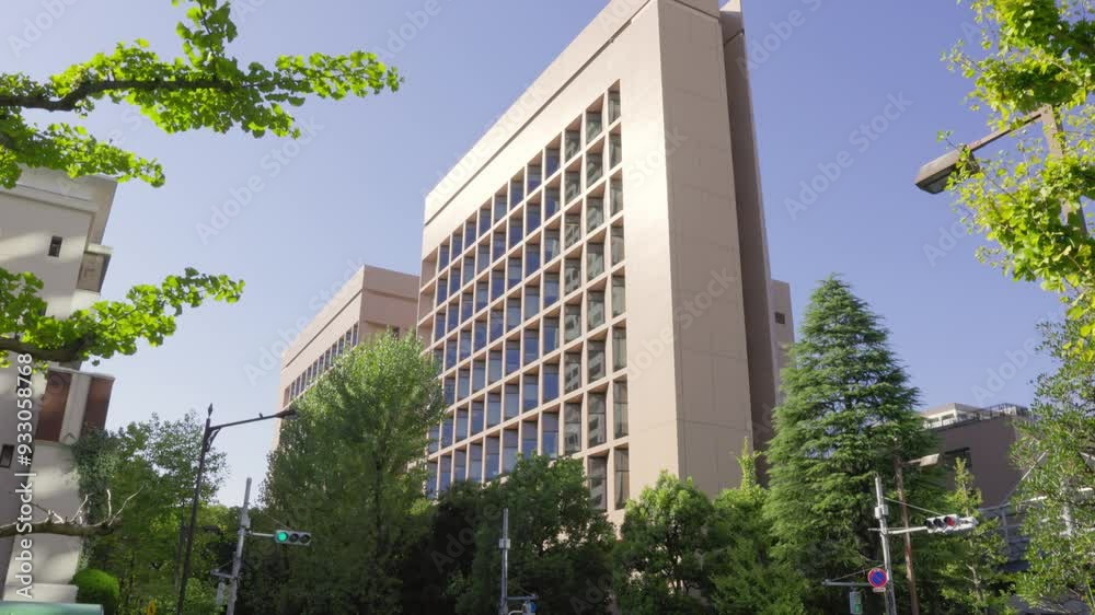 Large hospital building in Tokyo on a bright day surrounded by trees and street traffic Large hospital building in Tokyo on a bright day surrounded by trees and street traffic