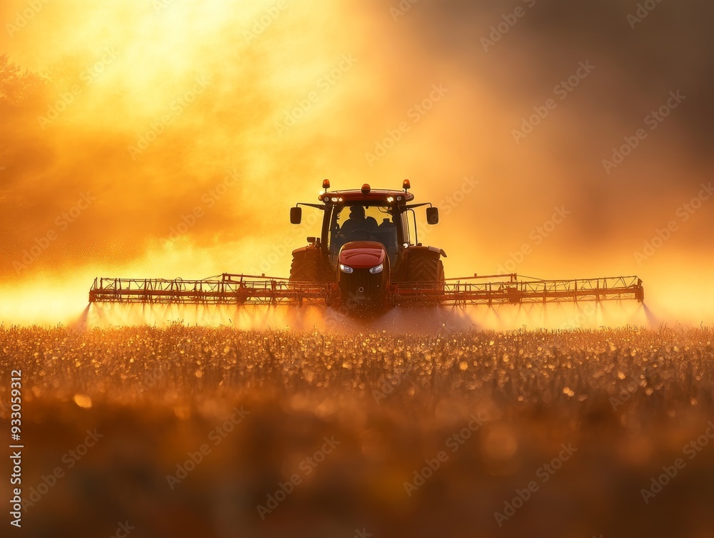 Fototapeta premium Summer agricultural scene tractor spraying pesticides on a field under the bright sun