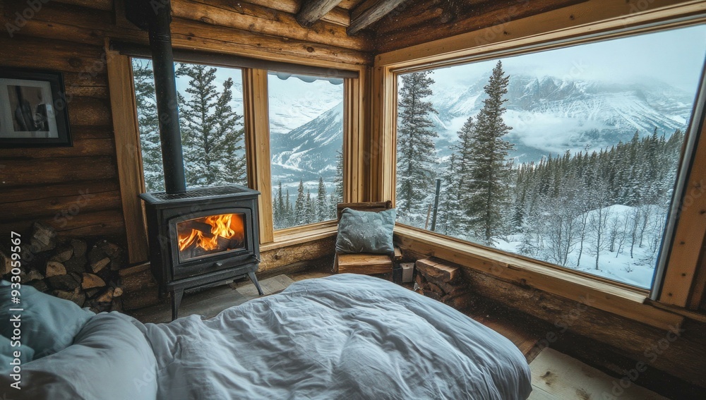 Cozy cabin with fireplace, bed, and snowy mountain view. Cozy cabin with fireplace, bed, and snowy mountain view.