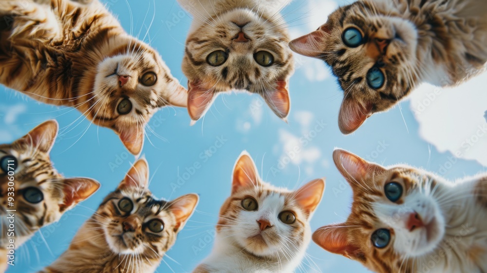 Six curious cats peering down from above with a bright blue sky as the backdrop, all sporting wide-eyed, inquisitive expressions. Six curious cats peering down from above with a bright blue sky as the backdrop, all sporting wide-eyed, inquisitive expressions.
