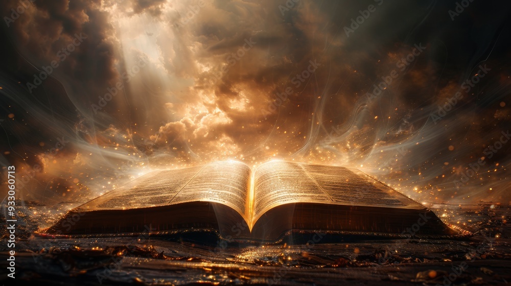 Fototapeta premium A high-resolution, symbolic image of an open book with rays of light streaming from above. Perfect for projects related to education, spirituality, and knowledge.