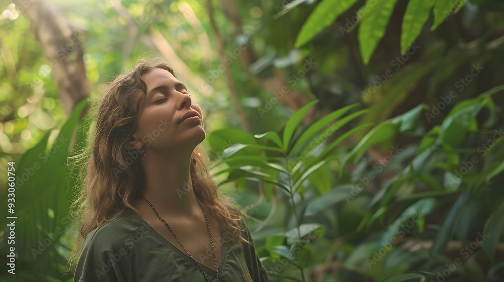 Relaxed woman breathing fresh air in a green forest. Relaxed woman breathing fresh air in a green forest.