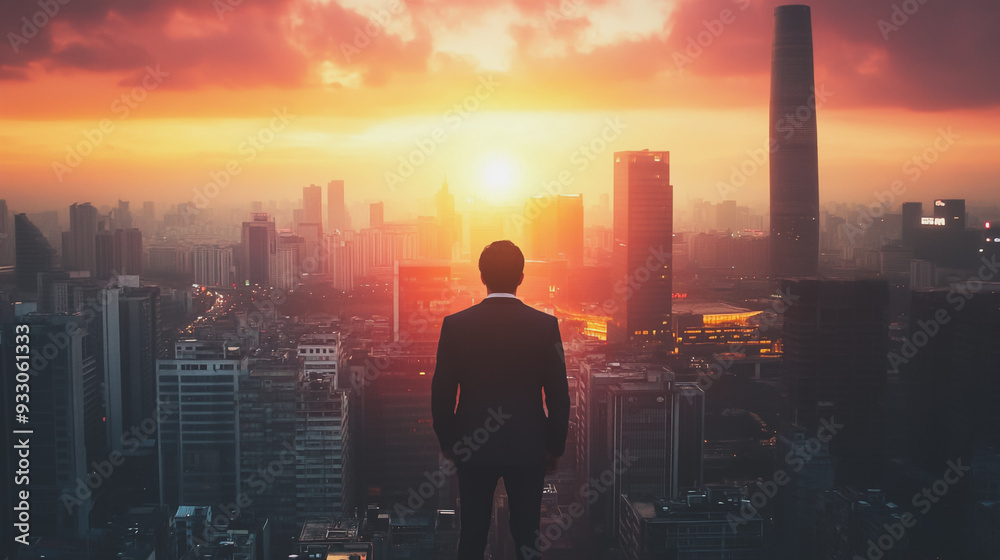 Abstract business man stands on the peak of success amid tall, innovative Smart city and graphs with statistics to analyze business potential and predict future developments in company growth. Abstract business man stands on the peak of success amid tall, innovative Smart city and graphs with statistics to analyze business potential and predict future developments in company growth.