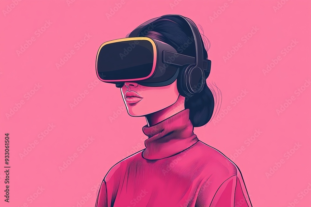 Stylized profile of a woman in a minimalist environment wearing a VR headset blending the elegance of simplicity with the immersive possibilities of virtual reality Stylized profile of a woman in a minimalist environment wearing a VR headset blending the elegance of simplicity with the immersive possibilities of virtual reality