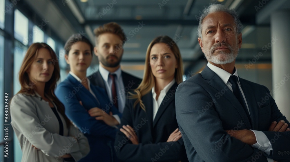 Five professionals stand with arms crossed, exuding confidence in a contemporary office setting during daylight hours
