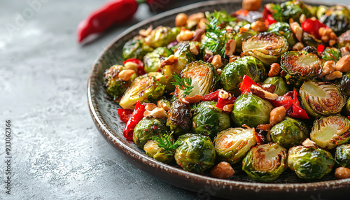 Plate with baked Brussels sprouts, pepper and nuts on light table