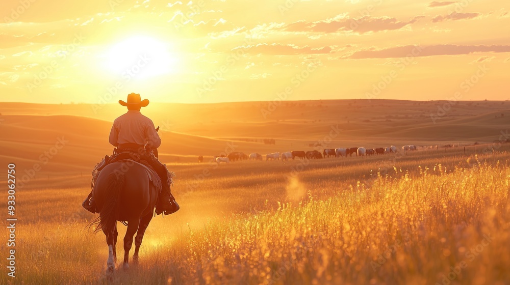 Cowboy Riding Horse Through Scenic Sunset Landscape Cowboy Riding Horse Through Scenic Sunset Landscape