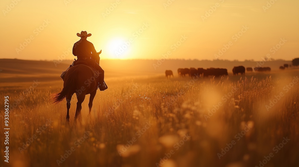 Cowboy Riding Horse Through Sunset Field on a Vast Ranch Landscape Cowboy Riding Horse Through Sunset Field on a Vast Ranch Landscape