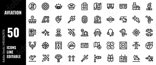 50 Aviation Icons Set Line Editable Vector Illustration