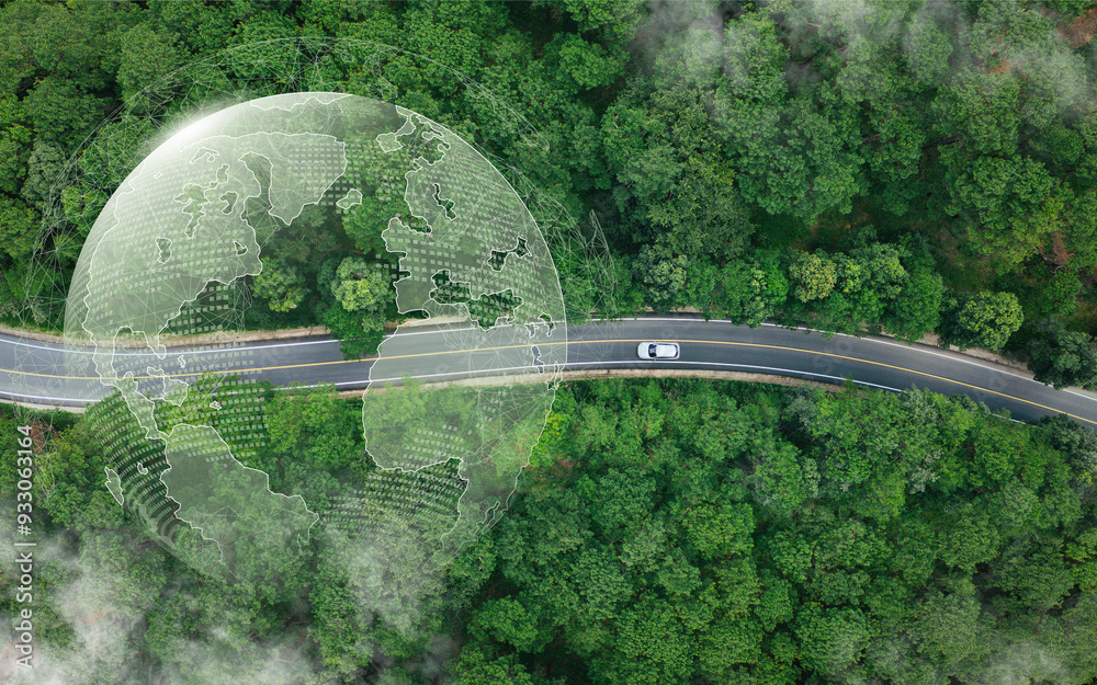 Fototapeta premium EV car, Electric car or hydrogen energy car on road midst forest and natural. Environmental friendly travel. Sustainable transportation and green logistic to Net zero carbon emission for Save earth.