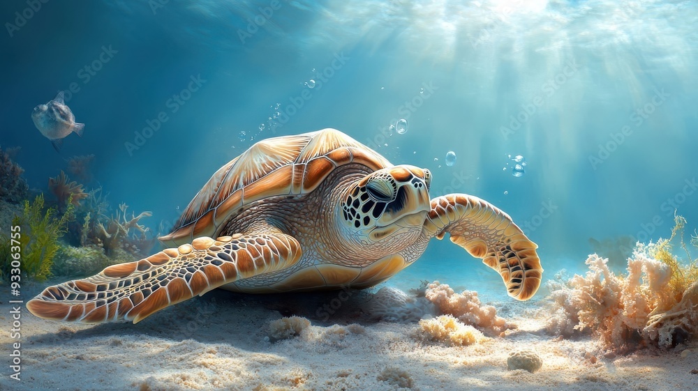 Obraz premium A turtle peacefully sleeping on the ocean floor, surrounded by gentle corals and seaweed.