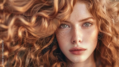 A stunning close-up portrait of a young woman with long, curly red hair and freckles, gazing with a captivating, almost ethereal expression.