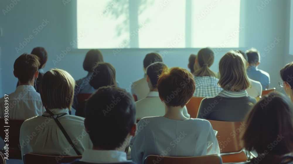 Obraz premium A bright classroom filled with attentive students, seen from the back, listening to a lecture that invites learning and intellectual growth.