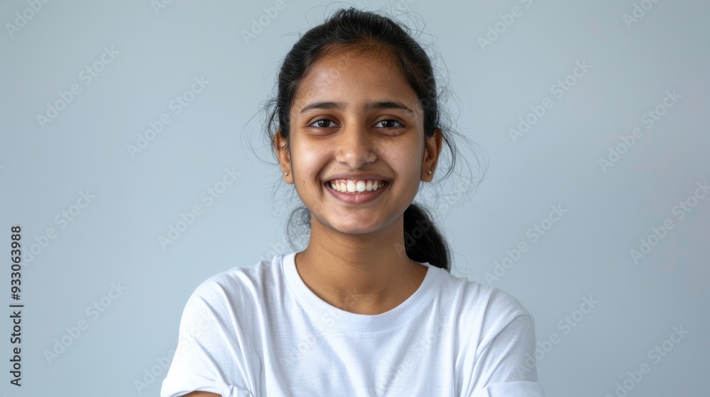 A young girl with a joyful expression stands against a simple blue background, wearing a white t-shirt and exuding happiness and innocence.