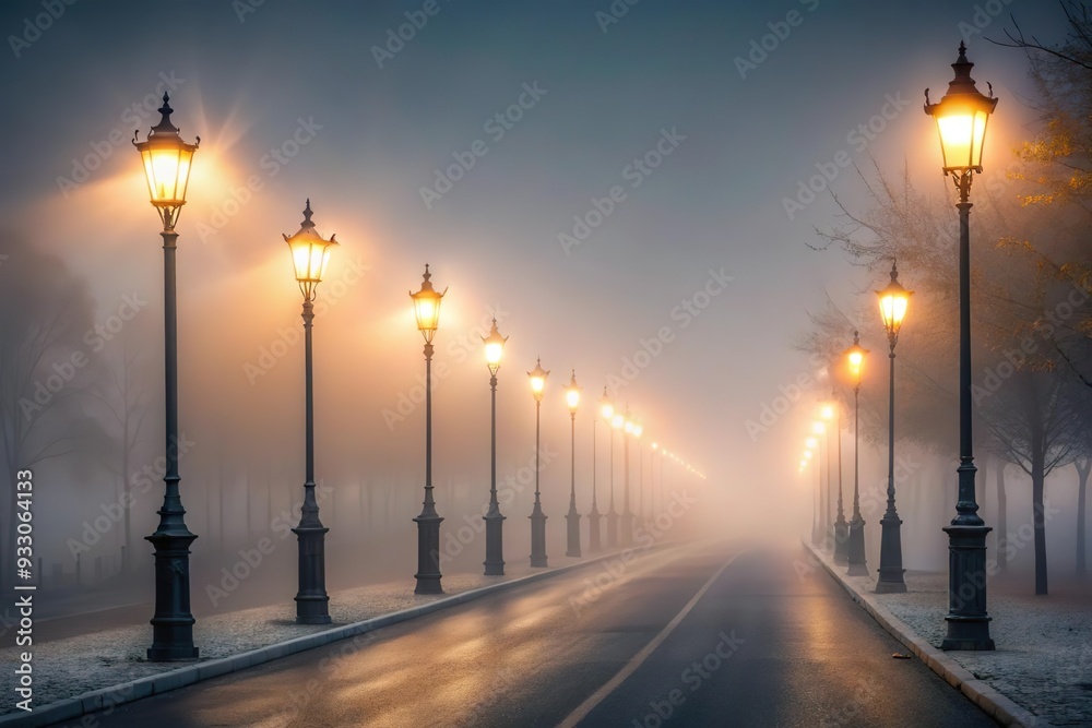 Street lamps illuminating foggy road. Eerie and mysterious atmosphere Street lamps illuminating foggy road. Eerie and mysterious atmosphere
