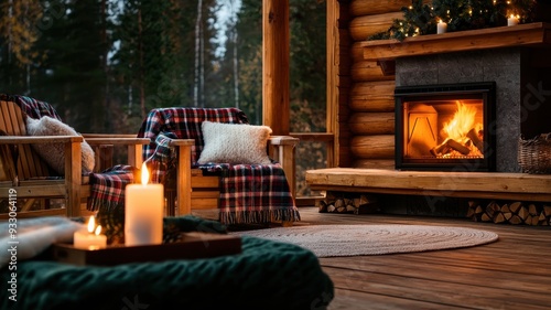 A cozy cabin interior featuring a warm fireplace, comfortable seating, and soft candlelight, perfect for winter relaxation.