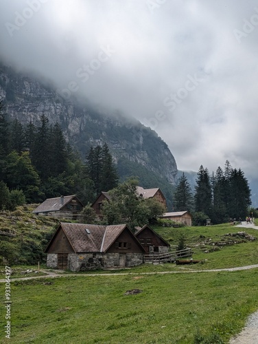 Swiss wooden mountain hut on a meadow on a cloudy day