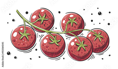 Tomatoes branch with spices isolated on white background. Tomato icon in cartoon design. Vector illustration