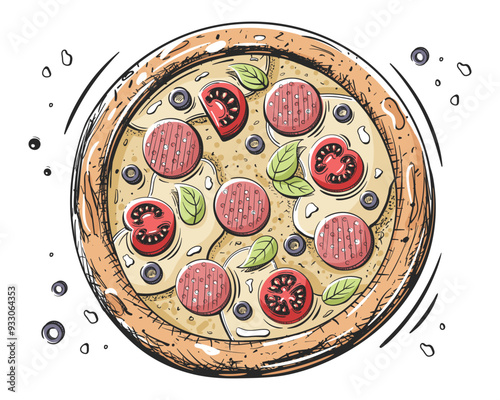 Pizza with prosciutto, tomato and mozzarella isolated on white background. Pizza design in vintage cartoon design. Vector illustration