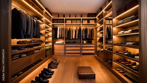 A stylish modern closet showcasing neatly arranged clothing and shoes with elegant lighting, perfect for organization enthusiasts.