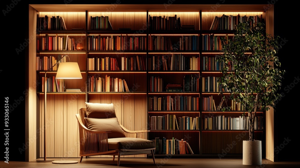 Cozy reading nook with a stylish chair, warm lighting, and a leafy plant beside a wooden bookshelf filled with books. Cozy reading nook with a stylish chair, warm lighting, and a leafy plant beside a wooden bookshelf filled with books.