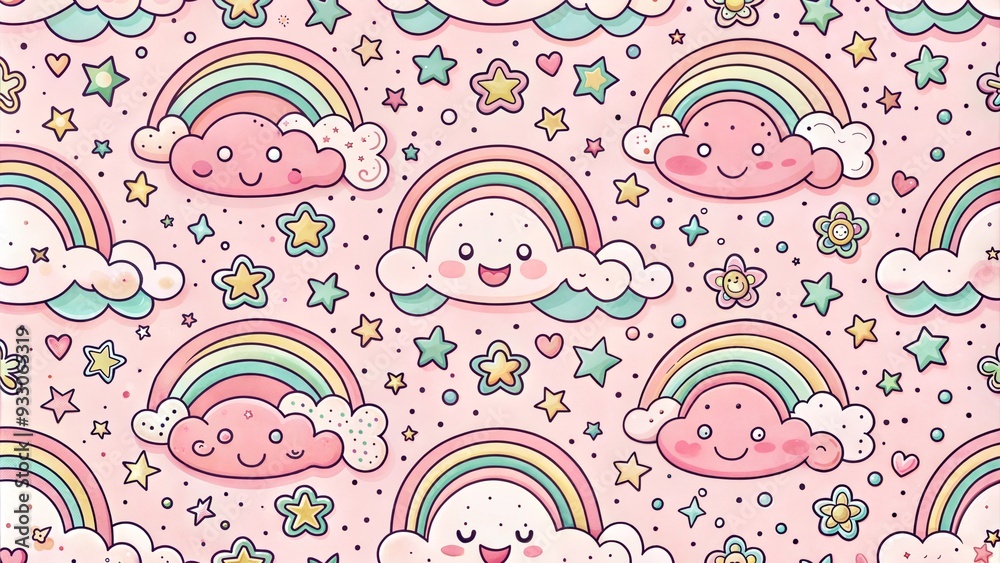 Cute cartoon clouds with rainbows and stars in pastel colors for children's design 