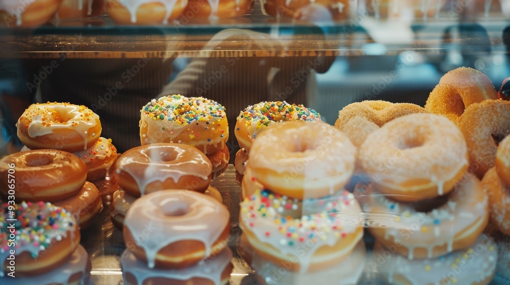 An inviting donut display in a bakery, showcasing a variety of flavors and colorful toppings, tempting customers with its sugary goodness. An inviting donut display in a bakery, showcasing a variety of flavors and colorful toppings, tempting customers with its sugary goodness.