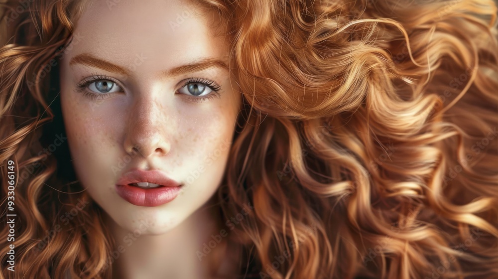 A captivating portrait of a woman with stunning curly red hair and piercing blue eyes, exuding confidence and natural beauty.