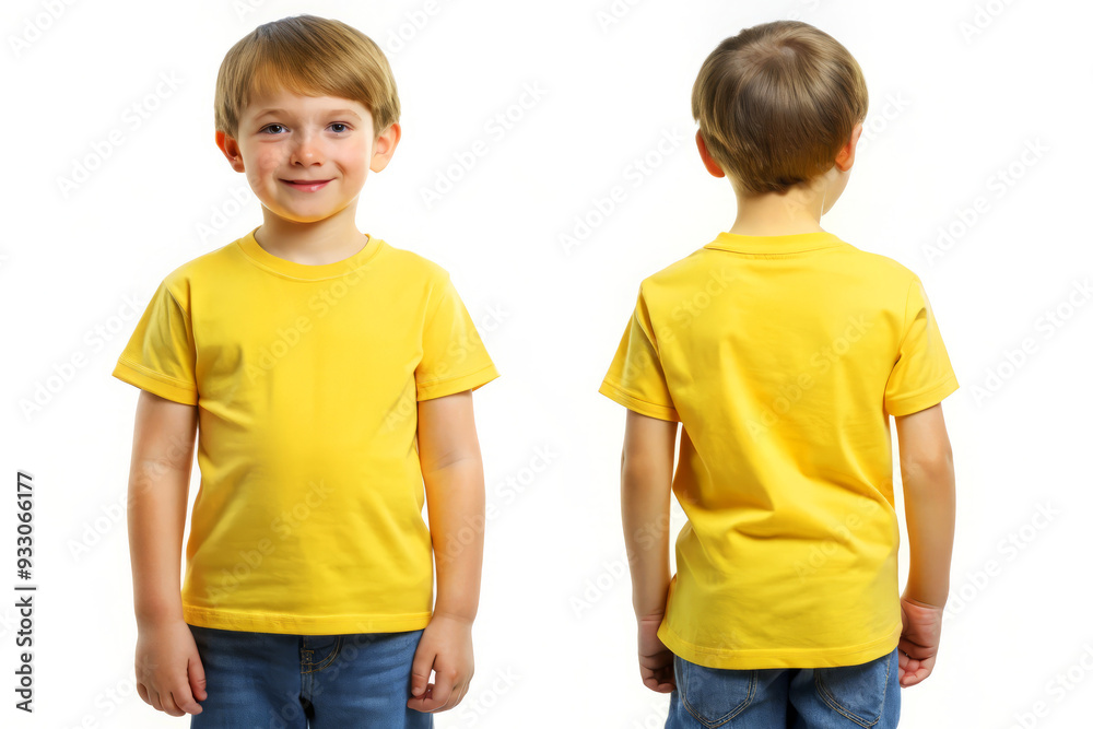 Boy in Yellow T-shirt Mockup - Front and Back View. T-shirt design mock up. Boy in Yellow T-shirt Mockup - Front and Back View. T-shirt design mock up.