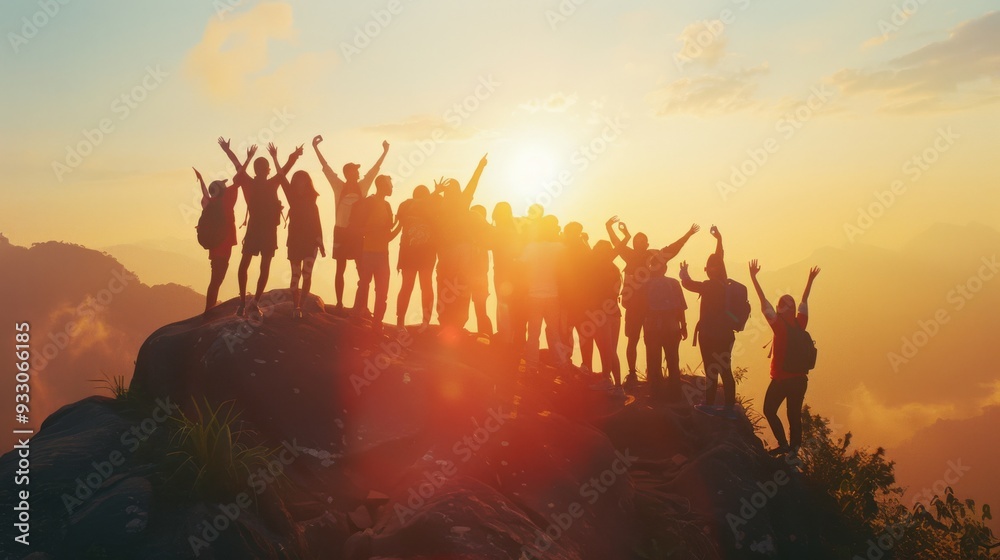 A group of friends cheerfully raise their hands in unison on a mountaintop as the sun sets, symbolizing unity, joy, and adventure.