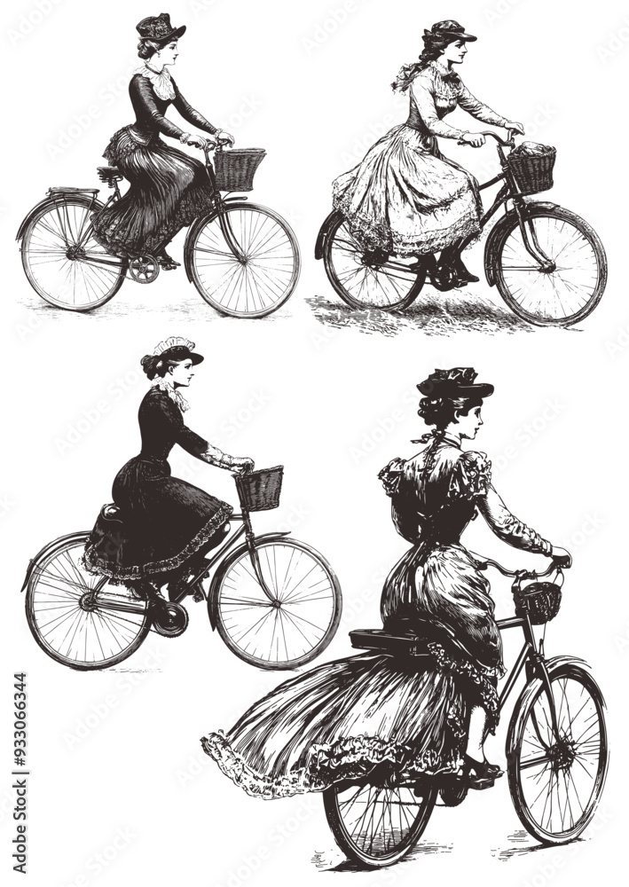 Obraz premium Cycling old fashioned woman engraving