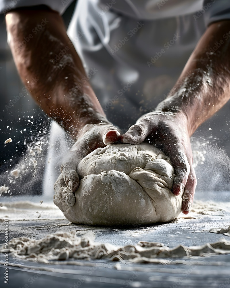 Baker Kneading Dough with Flour Splashing Baker Kneading Dough with Flour Splashing