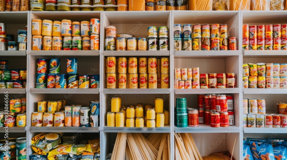 custom made wallpaper toronto digitalA grocery store shelf packed with a colorful assortment of canned goods, pastas, and jarred food products, neatly organized.