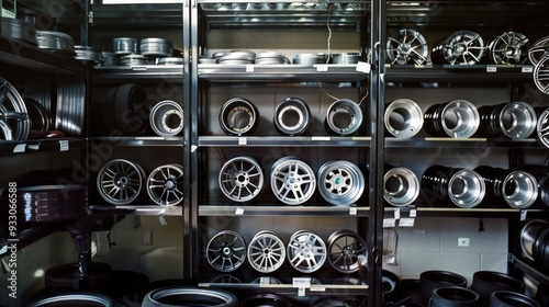 Rows of metal car rims displayed on industrial shelves illustrate a well-organized auto parts store, brimming with variety and functionality.