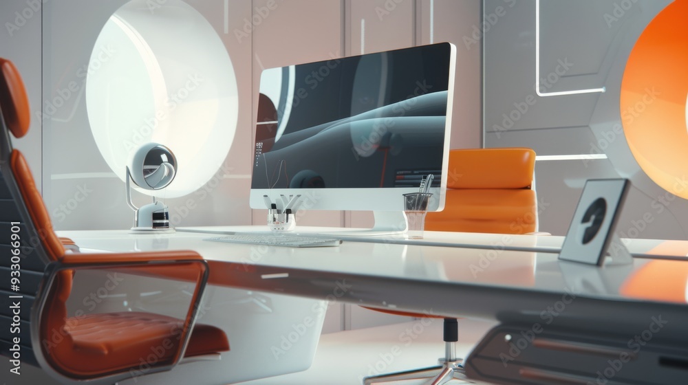 Ultramodern office setup with minimalist design, featuring a large monitor, sleek furniture, and subtle ambient lighting.