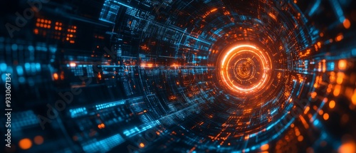 Wallpaper Mural Futuristic Digital Tunnel with Glowing Orange and Blue Lights Representing Data Flow and Technology Torontodigital.ca