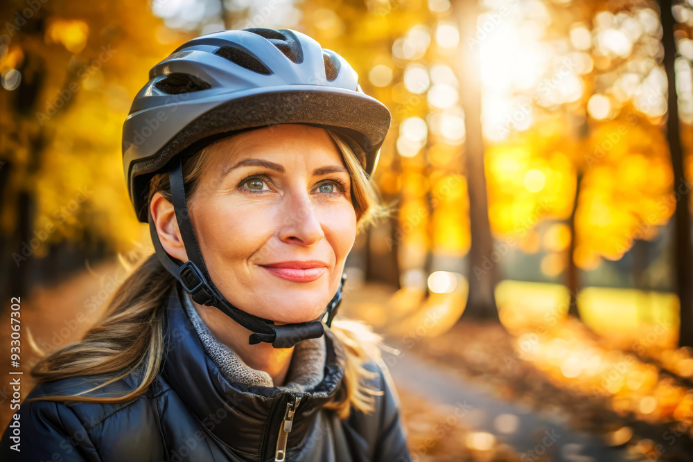 Woman in Helmet Smiles in Autumn Park. Woman in Helmet Smiles in Autumn Park.