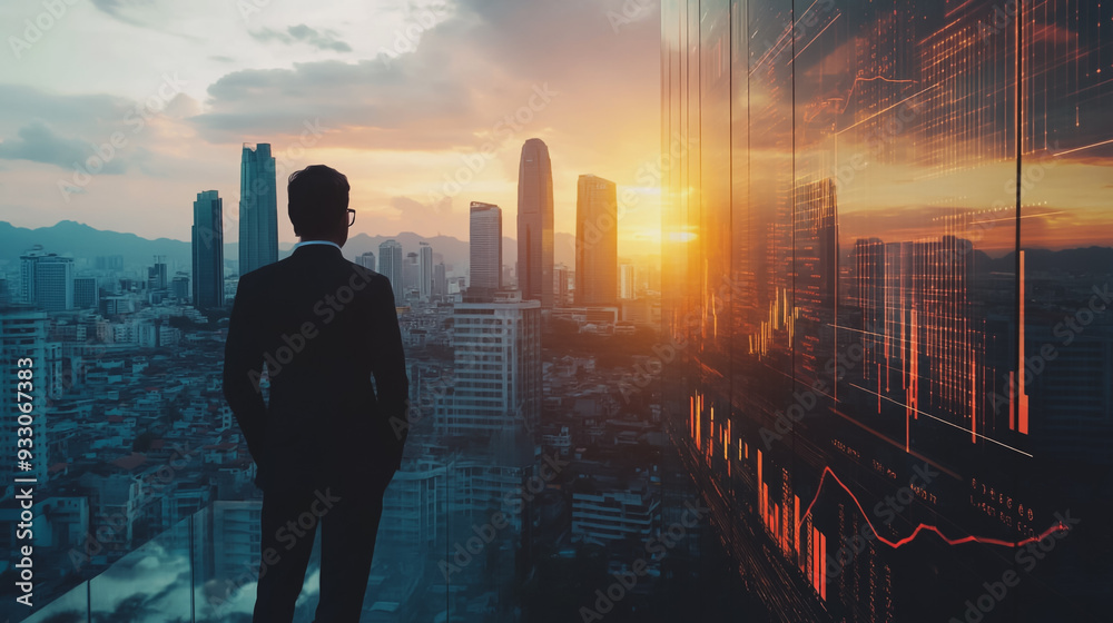 Fototapeta premium Abstract business man stands on the peak of success amid tall, innovative Smart city and graphs with statistics to analyze business potential and predict future developments in company growth.
