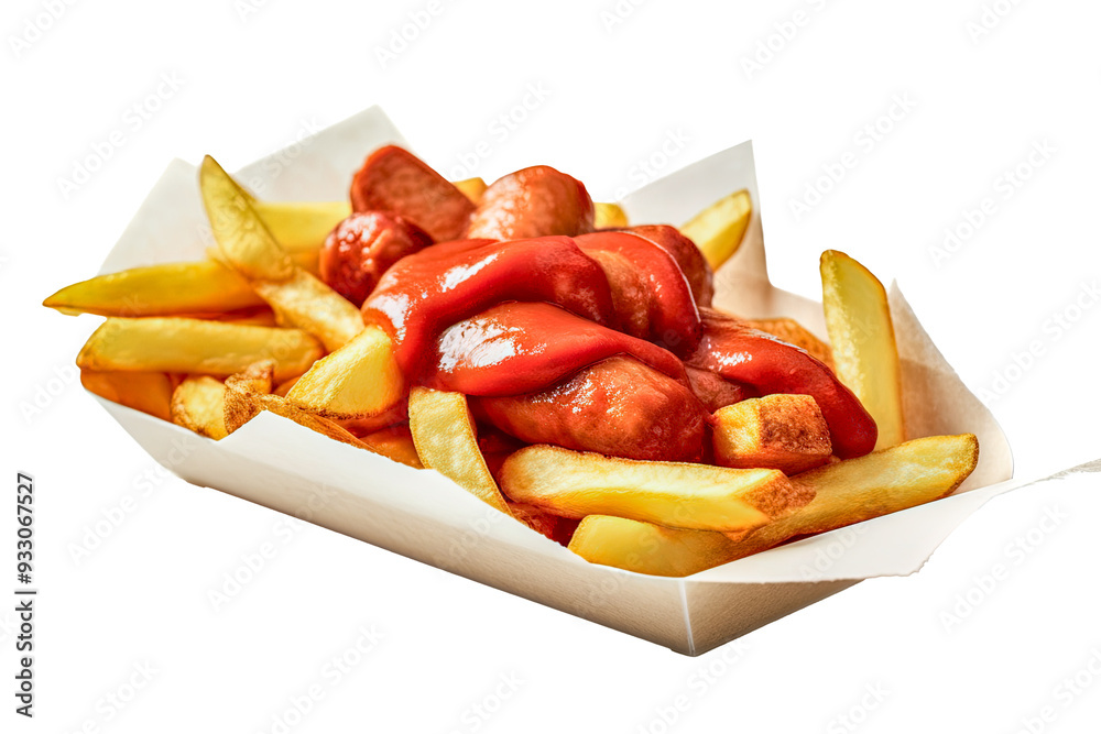 Leckere Currywurst mit Pommes, freigestellt vor transparentem Hintergrund, Generative AI