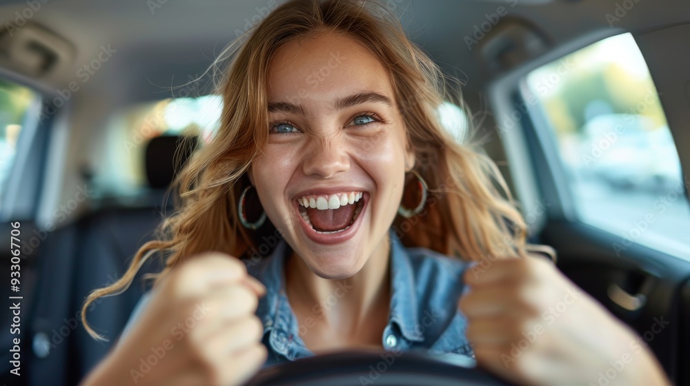 A joyful European woman celebrating her successful car purchase. She is sitting in the driver's seat, gesturing A joyful European woman celebrating her successful car purchase. She is sitting in the driver's seat, gesturing
