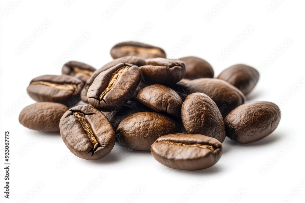 Coffee beans heap isolated on a white surface detailed close-up shot Coffee beans heap isolated on a white surface detailed close-up shot