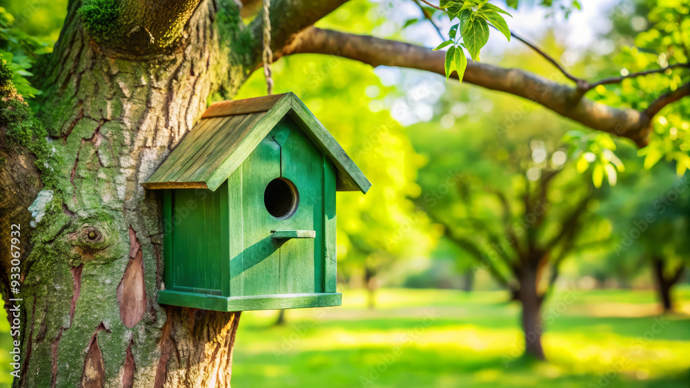 Green Birdhouse on a Tree in a Summer Park. Green Birdhouse on a Tree in a Summer Park.